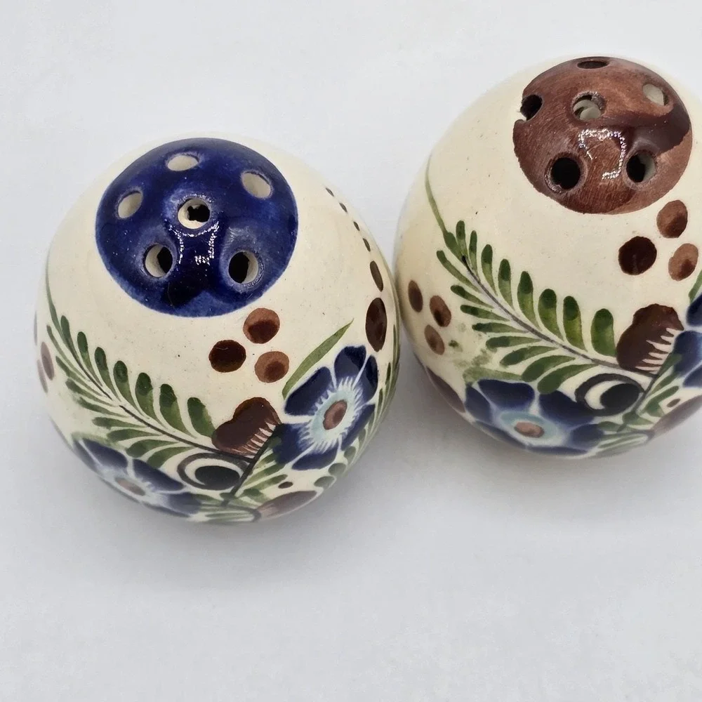 Salt & Pepper Shakers Egg Shaped Hand Painted Floral Mexico Signed Vtg Set